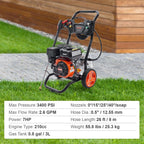 VEVOR Gas Powered Pressure Washer 3400 PSI 2.6 GPM  with Spray Gun and Extension Wand  5 Quick Connect Nozzles  Copper Pump