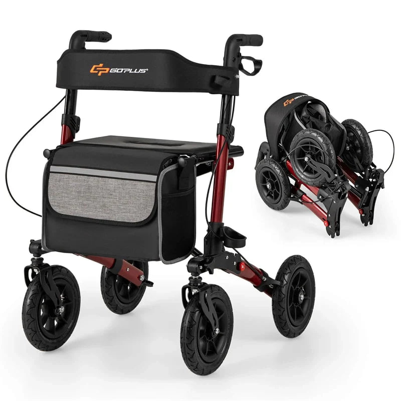2-in-1 Folding Rolling Rollator Walker with Seat, 9" All-Terrain Pneumatic Tires & Height Adjustment, Aluminum Mobility Walking Aid for Seniors