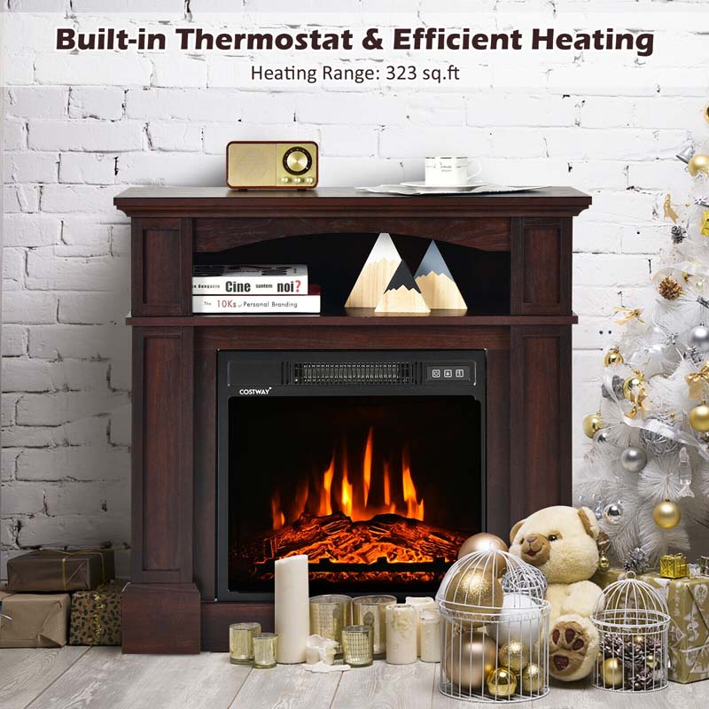 32" Electric Fireplace Mantel, Freestanding Wooden Surround Firebox with 1400W Fireplace Heater, Remote, Thermostat, 6H Timer