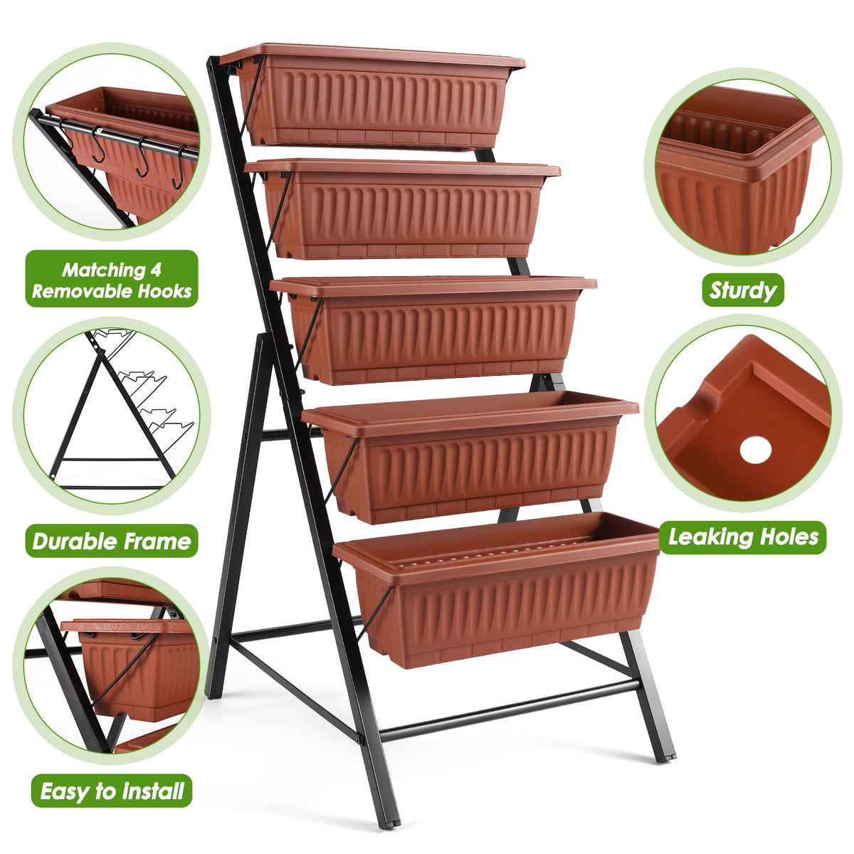 4Ft Planter Box 5-Tiers Vertical Raised Garden Bed with Drain for Patio Vegetables, Flowers Herb, 26  x 22.75  x 44.75