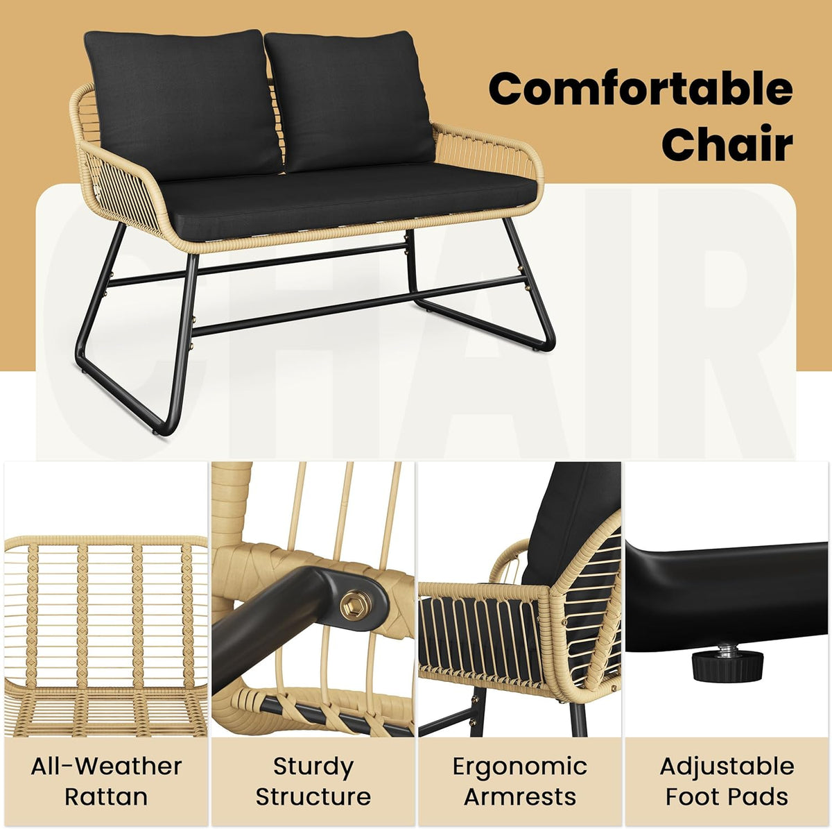 Yaheetech 4 Piece Patio Furniture Set, Outdoor Wicker Conversation Sets, Boho Loveseat & 2 Armchairs with Cushion and Pillow, Glass Top Table for Backyard, Porch, Balcony, Deck - Tan/Black