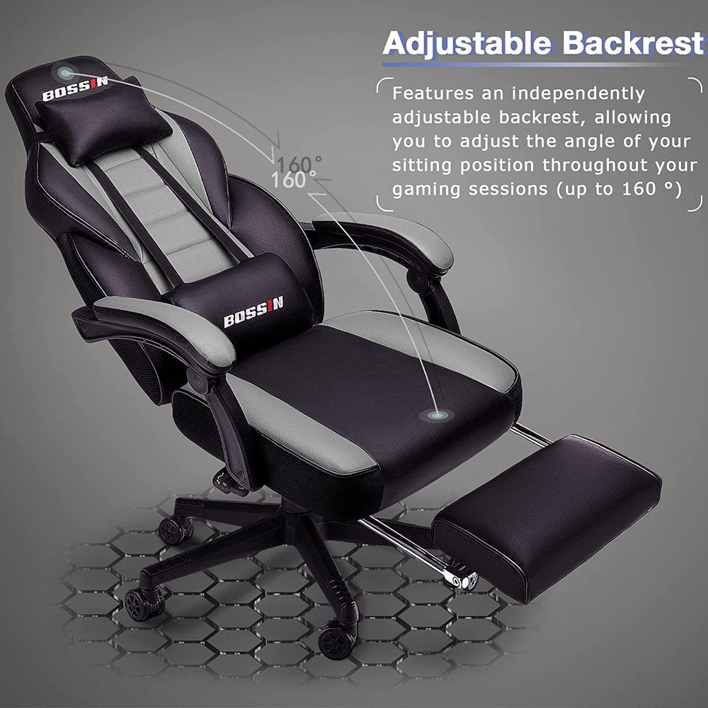 BOSSIN Ergonomic Gaming Chair with Footrest, Headrest & Lumbar Support, Reclines 90-155°, PU Leather, 300 lbs Capacity