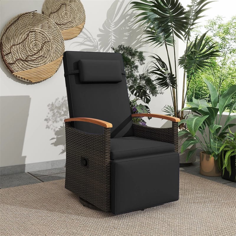 Outdoor Rattan 360�� Swivel Recliner Chair, Patio Wicker Chaise Lounge Chair with Adjustable Backrest & Footrest, Flip Side Table & Cushions