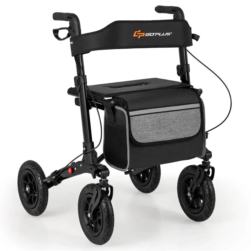 2-in-1 Folding Rolling Rollator Walker with Seat, 9" All-Terrain Pneumatic Tires & Height Adjustment, Aluminum Mobility Walking Aid for Seniors