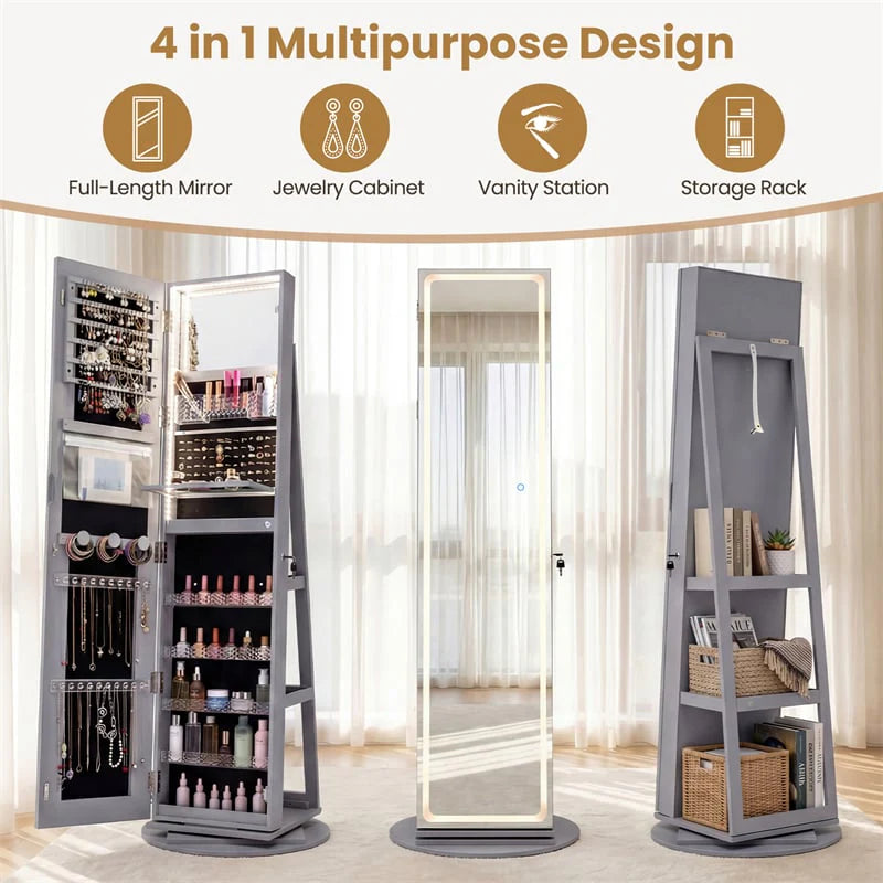 360�� Swivel Jewelry Cabinet Armoire w/ Full Length Mirror 3-Color LED Lights & Rear Shelves, Lockable Standing Jewelry Storage Organizer
