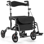 2 in 1 Rollator Walker Wheelchair Folding Medical Walker, Aluminum Transport Chair Mobility Walking Aid