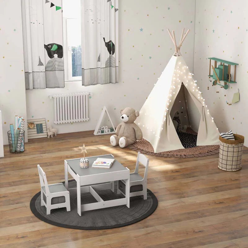3-in-1 Kids Wood Table Chairs Set with Blackboard & Storage Drawers, Children Multi Activity Table for Learning Playing Drawing