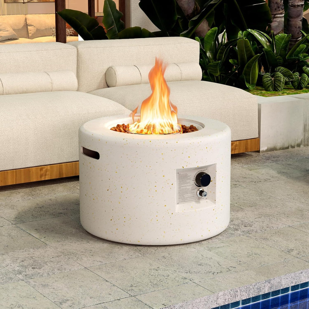 Tangkula Propane Fire Pit Table, 25.5�� Round Terrazzo Gas Fire Pit with Stainless Steel Burner & Lava Rocks, Protective Cover & Tank Seat Included, 40,000 BTU Smokeless Fire Pit for Outside Patio