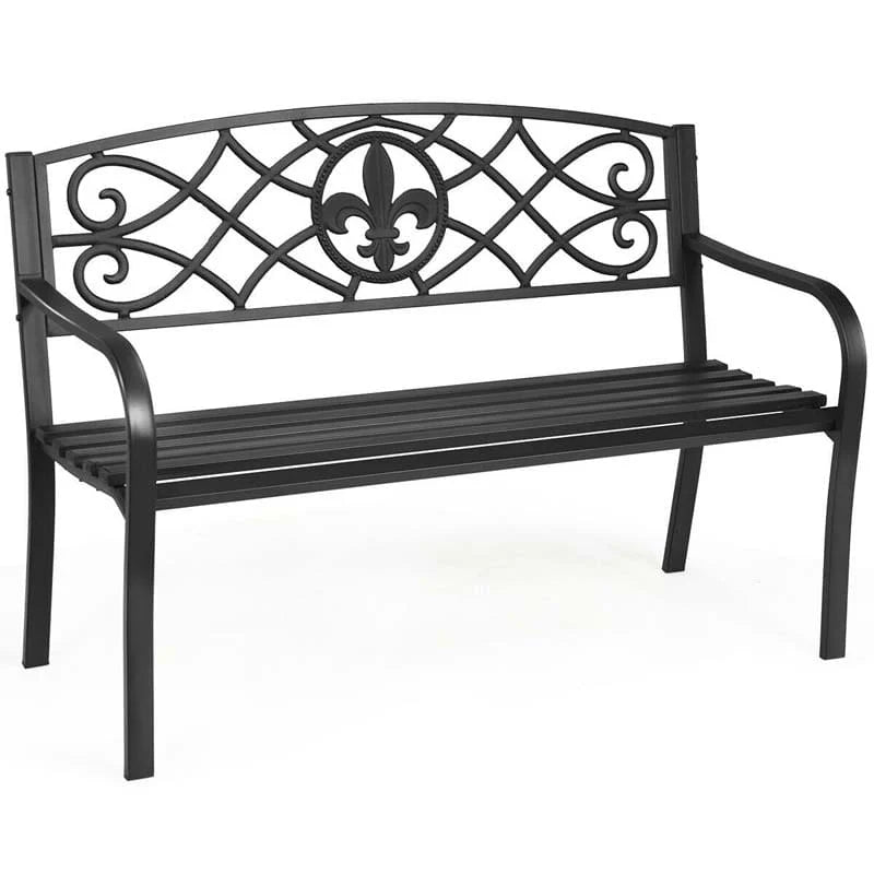 50" Weatherproof Outdoor Patio Bench with Pattern Backrest, Heavy-Duty Metal Park Bench for Garden Backyard Porch