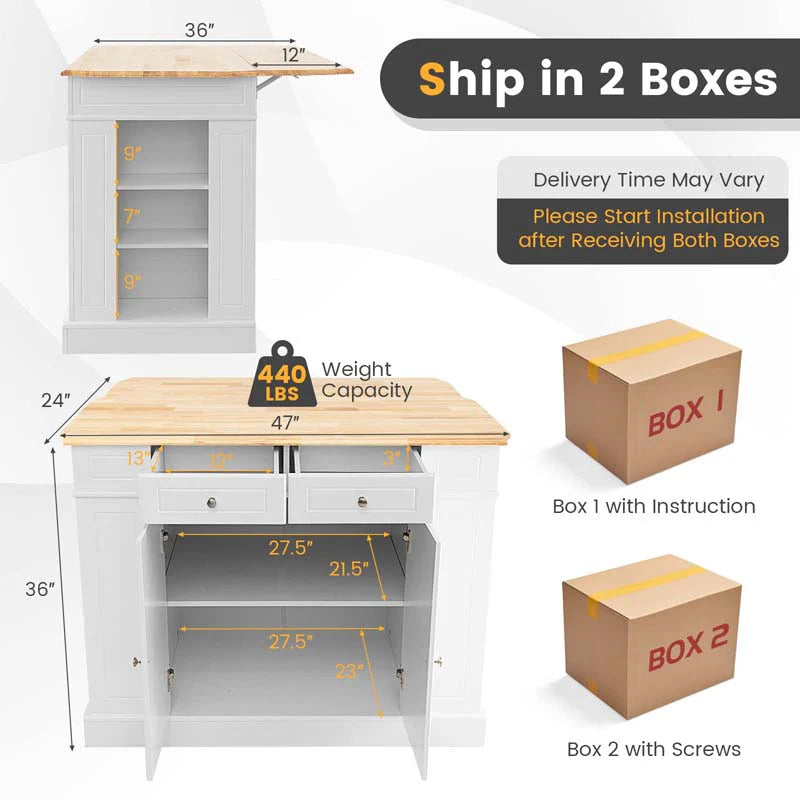 47" x36" x36" Rubber Wood Top Kitchen Island with Drop Leaf, 2 Drawers, Kitchen Storage Cabinets, Spice Racks, Adjustable Shelves