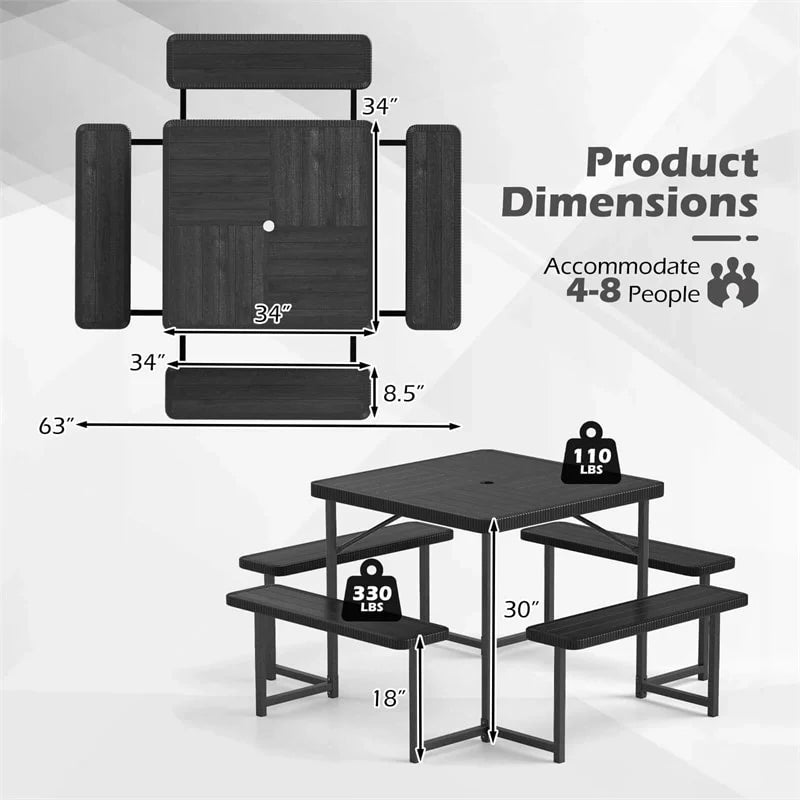 4-8 Person Outdoor Picnic Table Bench Set, All-Weather HDPE Square Dining Table with Umbrella Hole, 4 Benches & Metal Frame for Patio Backyard