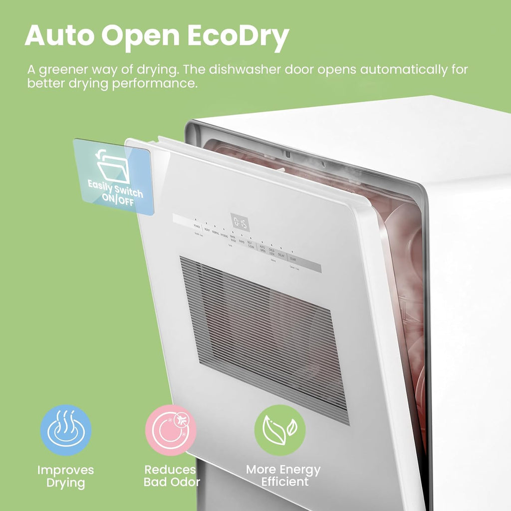 COMFEE' Portable Dishwasher Countertop with 5L Built-in Water Tank, No Hookup Needed, 6 Programs, 360° Dual Spray, 192�?High-Temp& Air-Dry Function, Mini Dishwasher for RVs, White