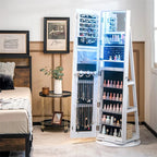 360�� Swivel Jewelry Cabinet Armoire w/ Full Length Mirror 3-Color LED Lights & Rear Shelves, Lockable Standing Jewelry Storage Organizer