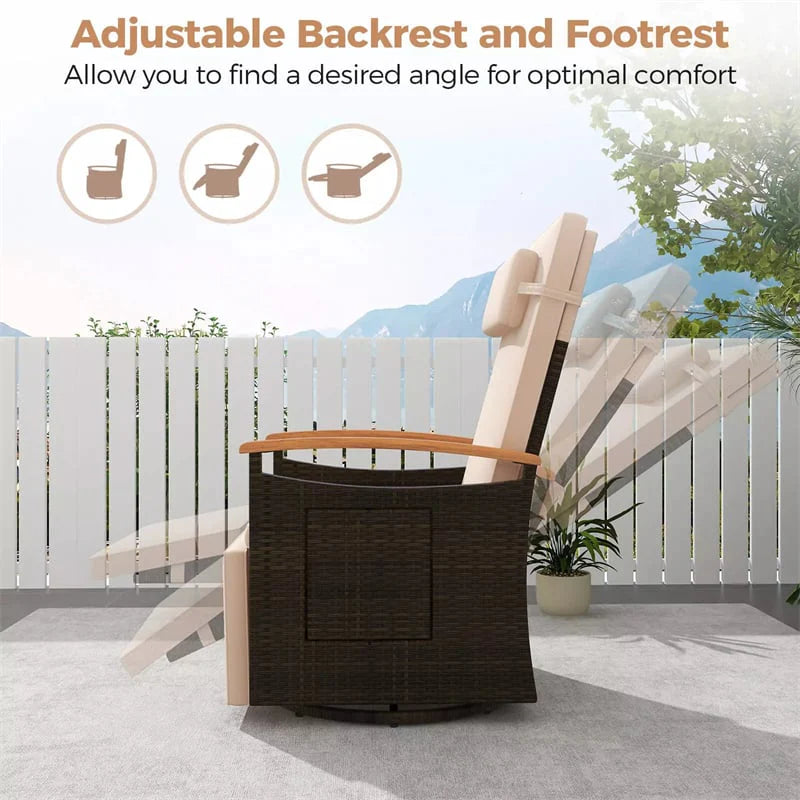 Outdoor 360° Swivel Rattan Recliner Chair with Adjustable Backrest & Footrest, Patio Wicker Chaise Lounge Chair with Flip Side Table & Cushion