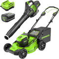 Greenworks 80V 21�� Brushless (Self-Propelled) Cordless Electric Lawn Mower + (580 CFM) Axial Leaf Blower (75+ Compatible Tools)  4.0Ah Battery and 60 Minute Rapid Charger  Green and Black