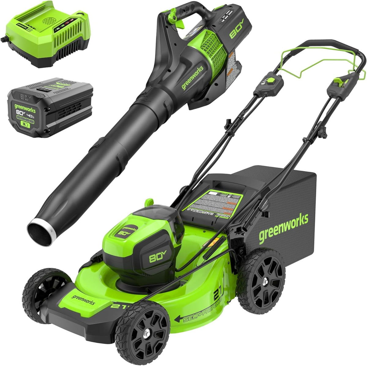 Greenworks 80V 21�� Brushless (Self-Propelled) Cordless Electric Lawn Mower + (580 CFM) Axial Leaf Blower (75+ Compatible Tools)  4.0Ah Battery and 60 Minute Rapid Charger  Green and Black