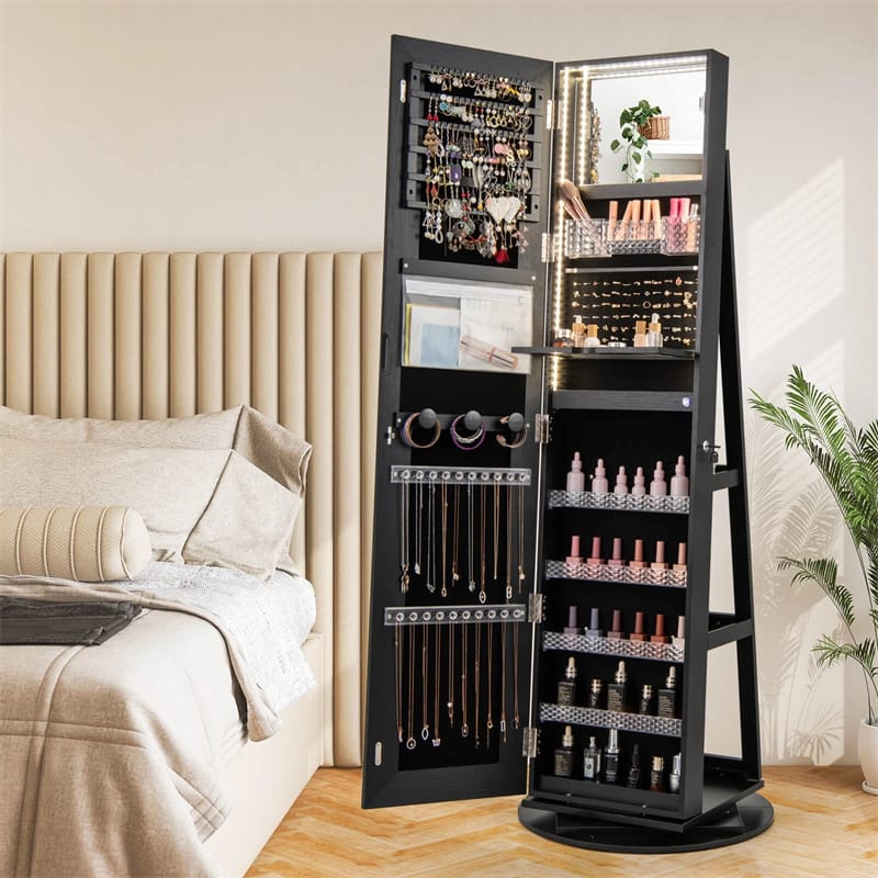 360�� Swivel Jewelry Cabinet Armoire w/ Full Length Mirror 3-Color LED Lights & Rear Shelves, Lockable Standing Jewelry Storage Organizer