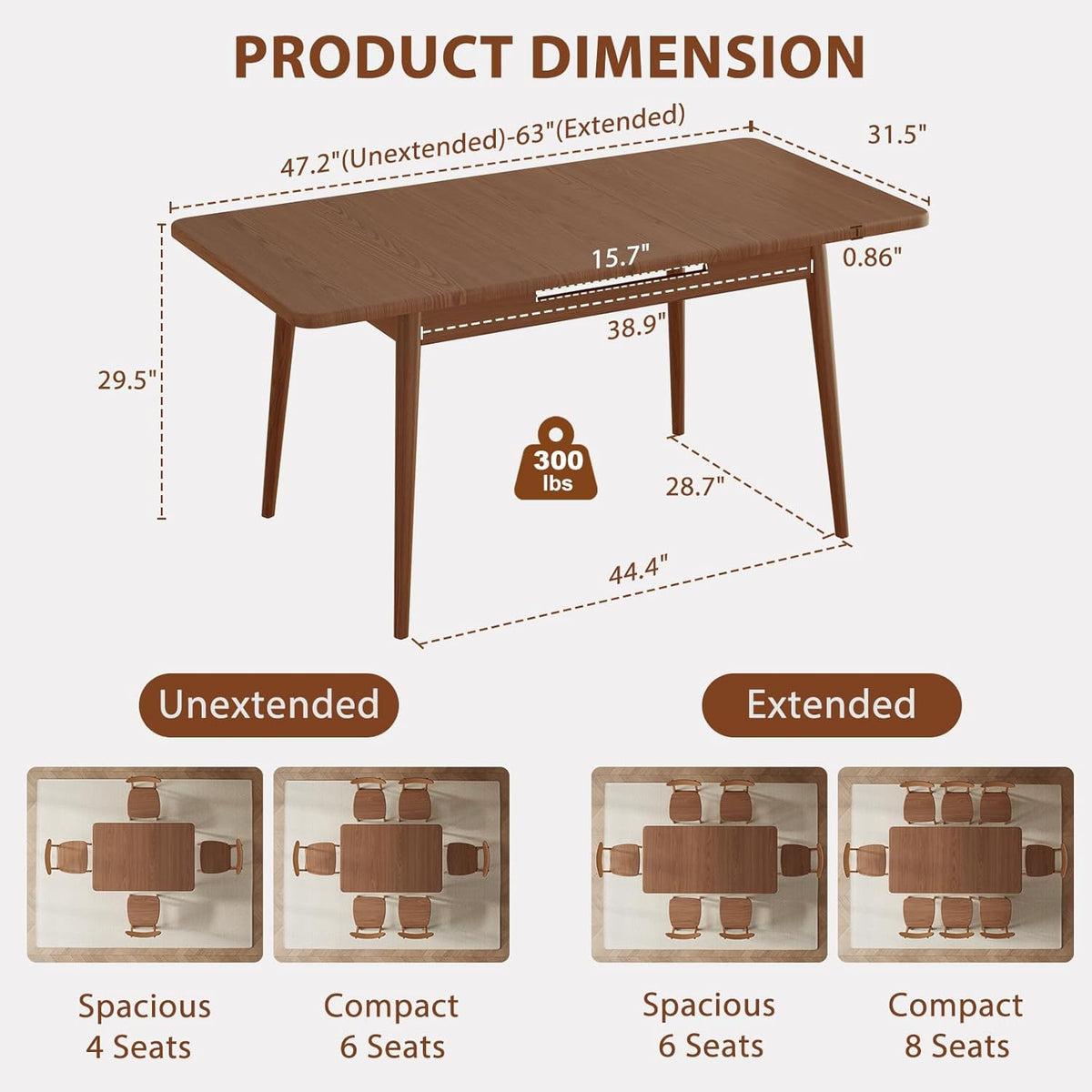 Solid Wood Extendable Dining Table for 4-8 People with Seamless Extension from 47.2 to 63 Inches, Easy Assembly, Expandable Tables for Small Spaces, Dining Room, Kitchen, Living Room, Walnut