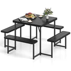 4-8 Person Outdoor Picnic Table Bench Set, All-Weather HDPE Square Dining Table with Umbrella Hole, 4 Benches & Metal Frame for Patio Backyard