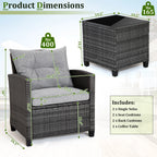 Gymax 3PCS Patio Rattan Sofa Set Outdoor Wicker Conversation Set Glass Tabletop w/ Grey Cushion
