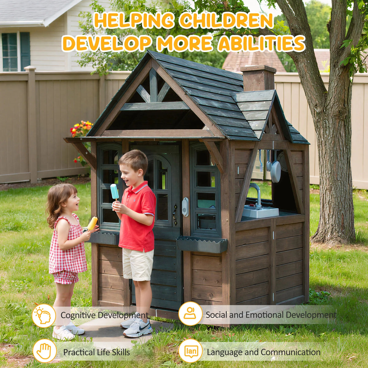 COCLUB Outdoor Playhouse for Kids Ages 4-8, Wooden Play House with Doorbell, Phone, Kitchen Toys, Outdoor Kids Play Equipment, Casa Para Niñas (45”L x 65”H), White & Black