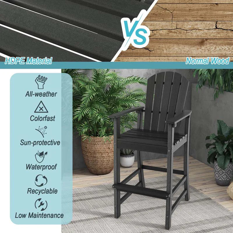 Outdoor HDPE Tall Adirondack Chairs with Armrests & Footrest, 30" Counter Height Bar Stools for Garden Backyard