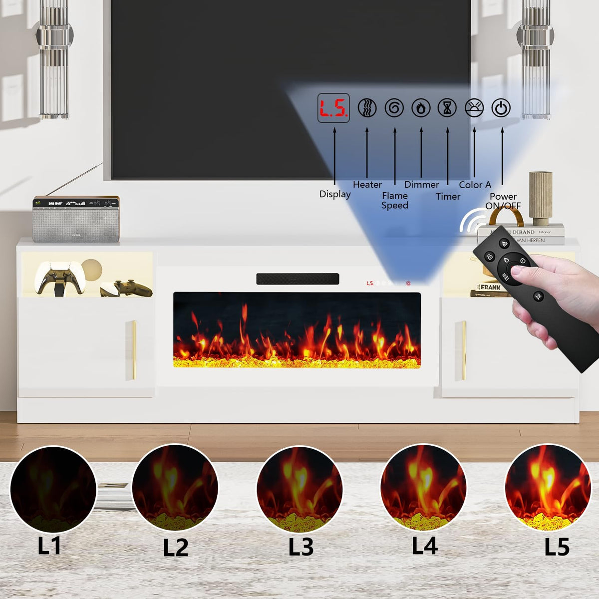 Fireplace TV Stand with 36" Fireplace Up to 80" TVs,70" Entertainment Center with LED Lights,Remote Control,TV Media Console with Storage Cabinets for Living Room, White+White