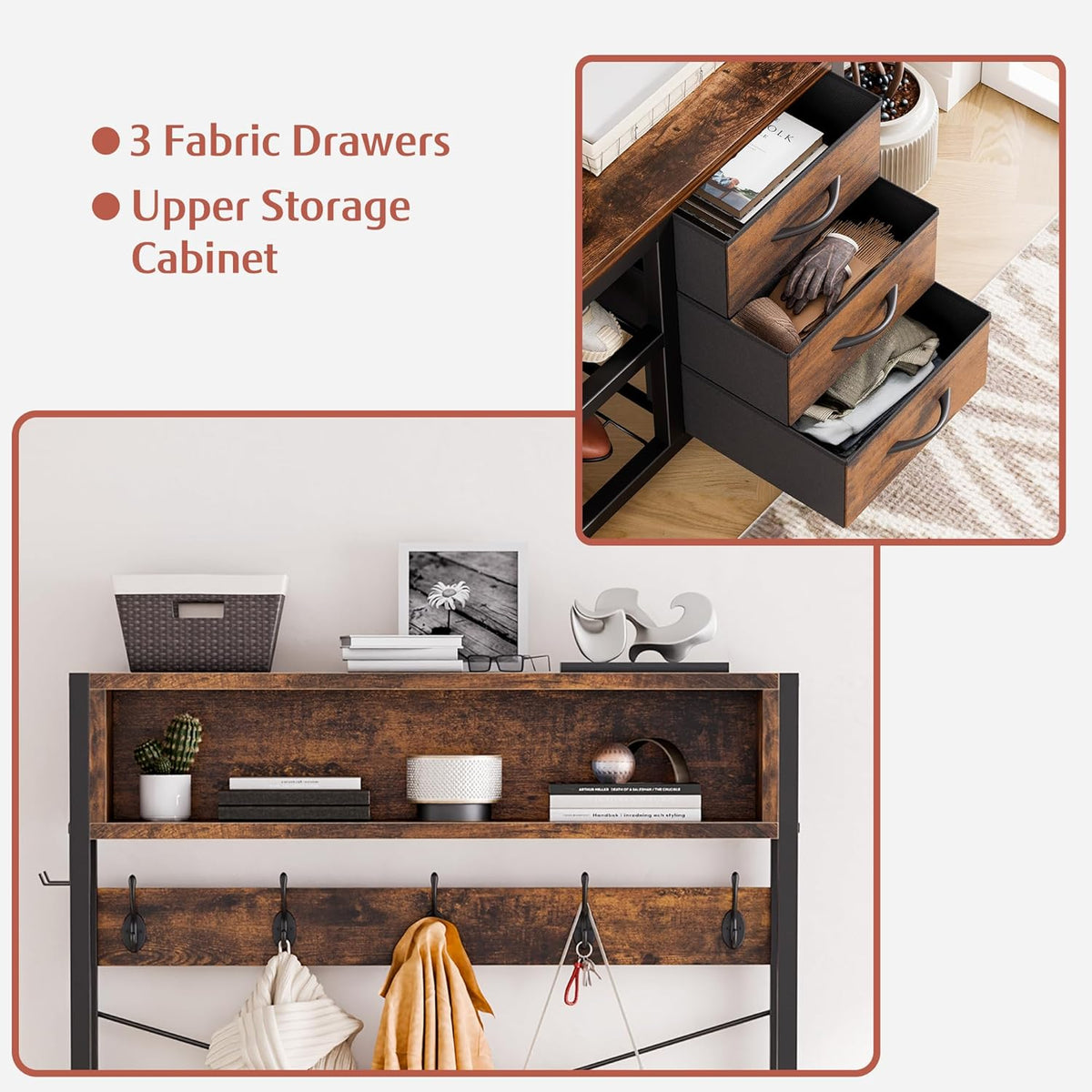 Lulive Hall Tree with Bench and Shoe Storage, 31.5" Coat Rack Freestanding with 2-Tier Storage Shelf, 6-in-1 Entryway Bench Coat Rack with 12 Hooks and 3 Drawers(Rustic Brown)
