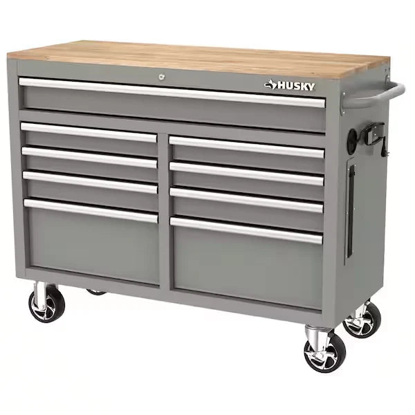 46-in W x 24.5-in D 9-Drawer Mobile Workbench with Hardwood Top and Power Station – Gloss Black