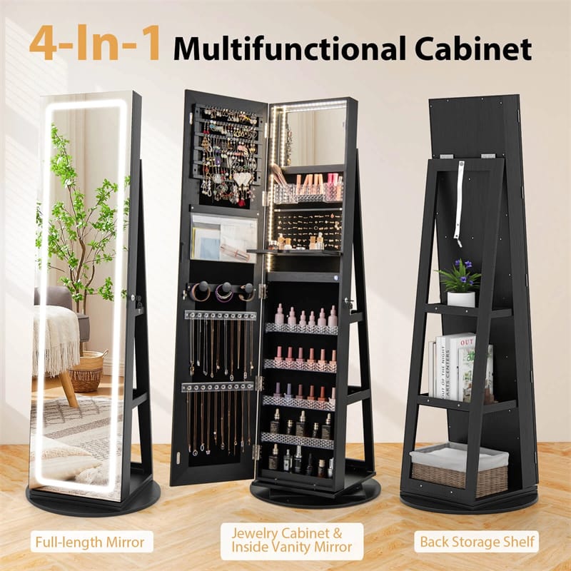 360�� Swivel Jewelry Cabinet Armoire w/ Full Length Mirror 3-Color LED Lights & Rear Shelves, Lockable Standing Jewelry Storage Organizer