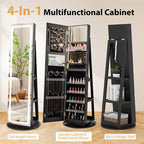 360�� Swivel Jewelry Cabinet Armoire w/ Full Length Mirror 3-Color LED Lights & Rear Shelves, Lockable Standing Jewelry Storage Organizer