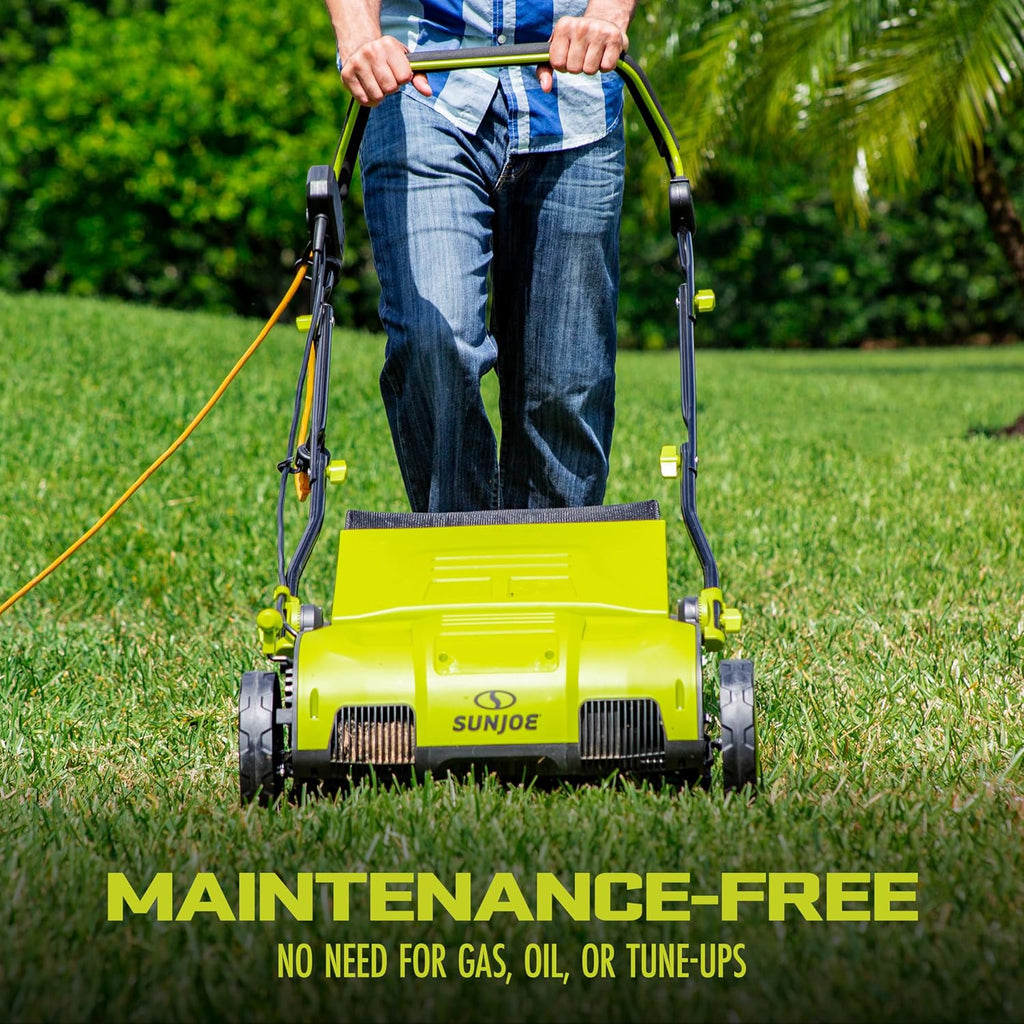 AJ805E 15-Inch 13-Amp Electric Dethatcher and Scarifier w/Removeable 13.2-Gal Collection Bag, 5-Position Height Adjustment, Airboost Technology Increases Lawn Health, Green