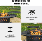47 Inch Fire Pit with 2 Grills, Outdoor Extra Large Firepits for Outside, Wood Burning Fireplace for Camping,Picnic,Bonfire, 3-in-1 Round Metal Table with Lid for Backyard,Patio,Party