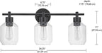 Globe Electric 65556 All-in-One 5-Piece Bathroom Set, Matte Black Finish, 3-Light Vanity with Clear Glass Shades, Towel Ring, Toilet Paper Holder, Robe Hook, and Towel Bar, Modern Bathroom Lighting