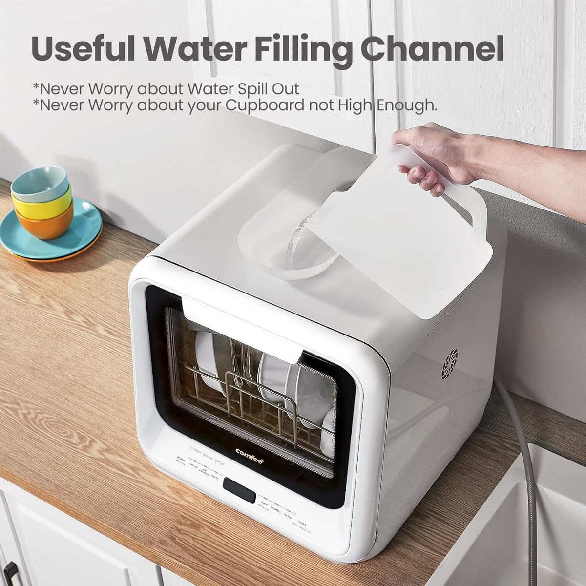 COMFEE' Portable Dishwasher Countertop with 5L Built-in Water Tank, No Hookup Needed, 6 Programs, 360° Dual Spray, 192�?High-Temp& Air-Dry Function, Mini Dishwasher for RVs, White