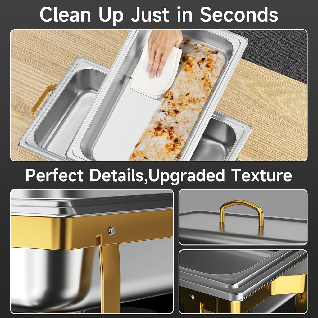 Chafing Dishes for Buffet 4 Pack, 9QT Chafing Dish High Grade Stainless Steel Chafer Complete Set,Steel Handle, Catering Events Complete Buffet Warmer Set (Golden, 4)
