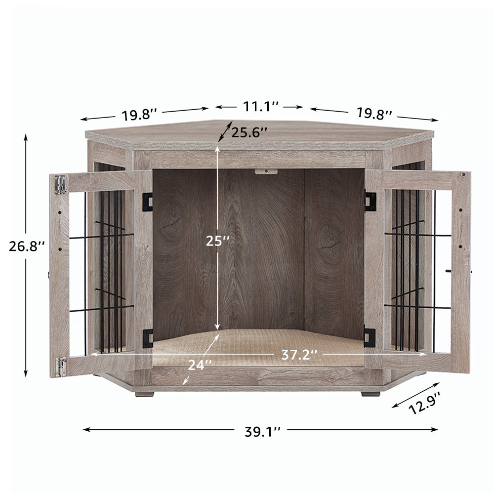 Unipaws Corner Dog Crate Furniture, Wooden Dog Kennel for Dogs Puppy, Pet Crate for Limited Room, Medium, Weathered Gray
